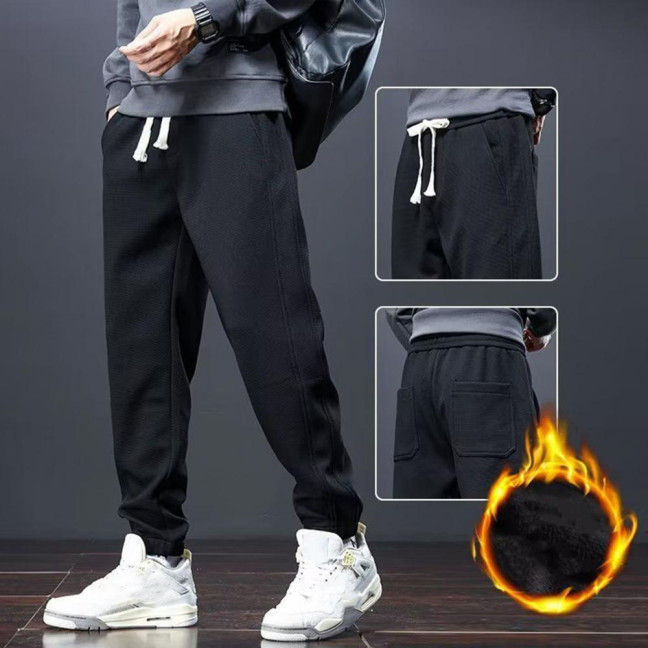 Winter Fall Men Sport Pants Loose Drawstring Elastic Waist Thick Plush Pockets Ankle-banded Solid Color Exercise Trousers Daily Wear Sweatpants