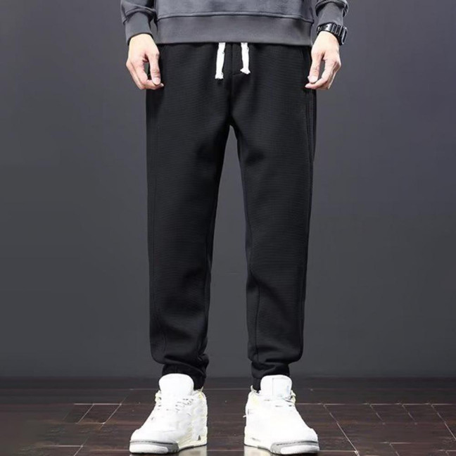Winter Fall Men Sport Pants Loose Drawstring Elastic Waist Thick Plush Pockets Ankle-banded Solid Color Exercise Trousers Daily Wear Sweatpants