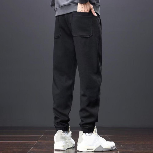 Winter Fall Men Sport Pants Loose Drawstring Elastic Waist Thick Plush Pockets Ankle-banded Solid Color Exercise Trousers Daily Wear Sweatpants
