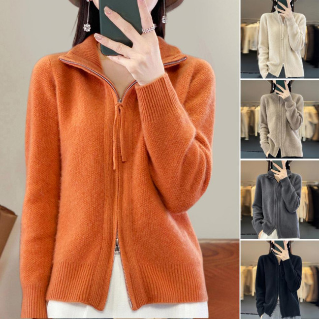 Women Knitted Sweater Coat High Collar Long Sleeve Double Zipper Placket Autumn Winter Solid Color Knitwear