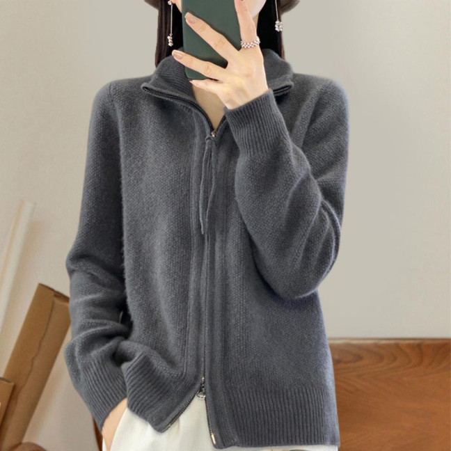 Women Knitted Sweater Coat High Collar Long Sleeve Double Zipper Placket Autumn Winter Solid Color Knitwear