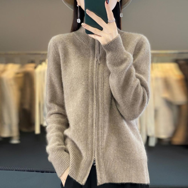 Women Knitted Sweater Coat High Collar Long Sleeve Double Zipper Placket Autumn Winter Solid Color Knitwear