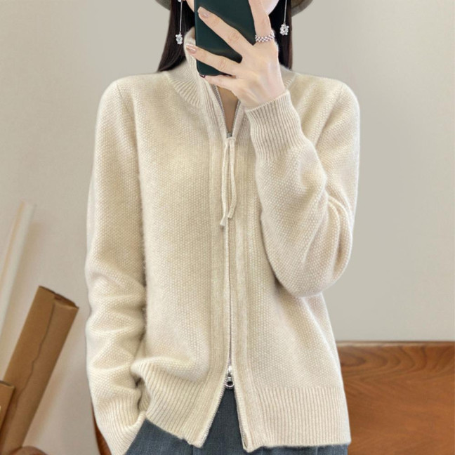 Women Knitted Sweater Coat High Collar Long Sleeve Double Zipper Placket Autumn Winter Solid Color Knitwear