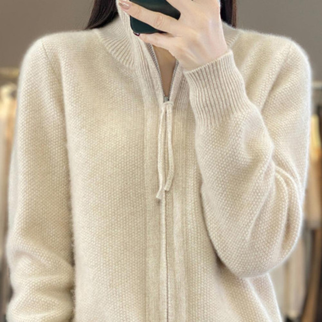 Women Knitted Sweater Coat High Collar Long Sleeve Double Zipper Placket Autumn Winter Solid Color Knitwear