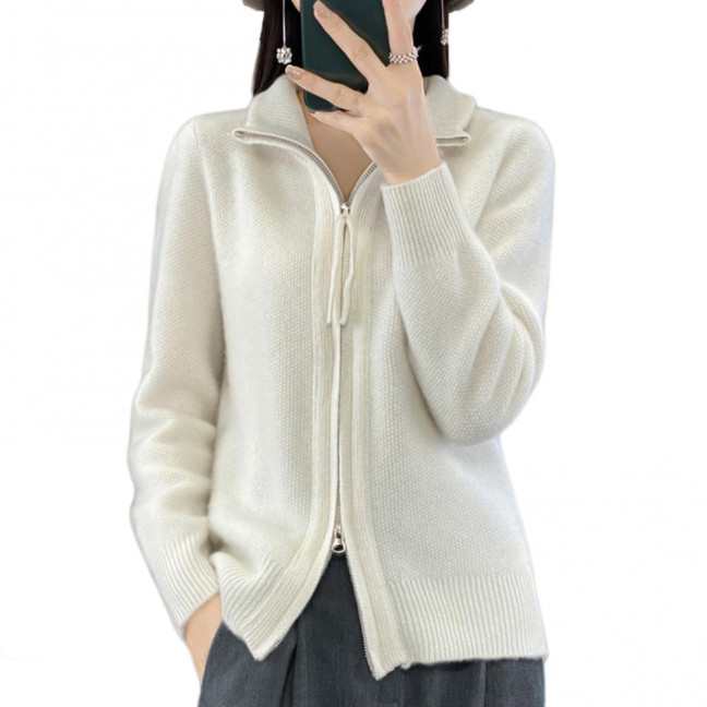 Women Knitted Sweater Coat High Collar Long Sleeve Double Zipper Placket Autumn Winter Solid Color Knitwear