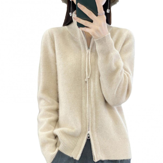 Women Knitted Sweater Coat High Collar Long Sleeve Double Zipper Placket Autumn Winter Solid Color Knitwear