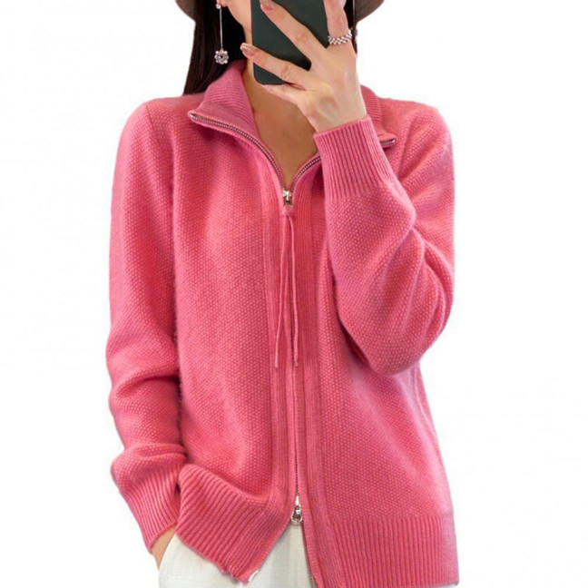 Women Knitted Sweater Coat High Collar Long Sleeve Double Zipper Placket Autumn Winter Solid Color Knitwear