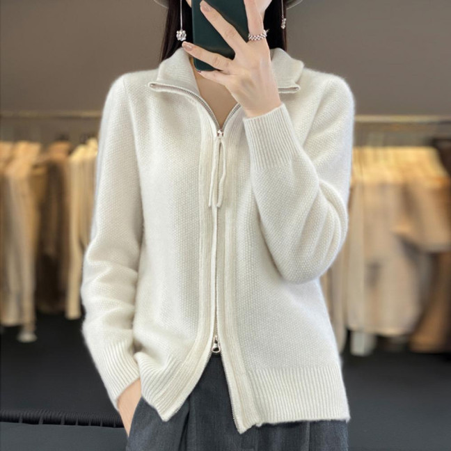 Women Knitted Sweater Coat High Collar Long Sleeve Double Zipper Placket Autumn Winter Solid Color Knitwear