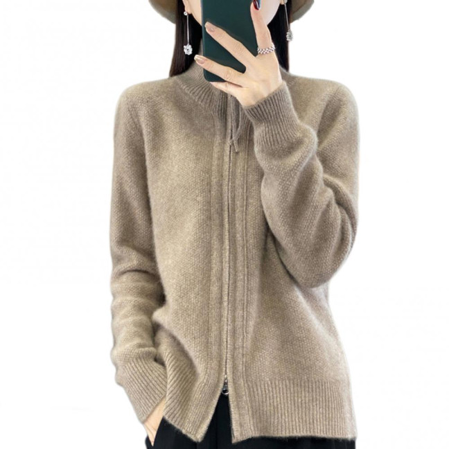Women Knitted Sweater Coat High Collar Long Sleeve Double Zipper Placket Autumn Winter Solid Color Knitwear