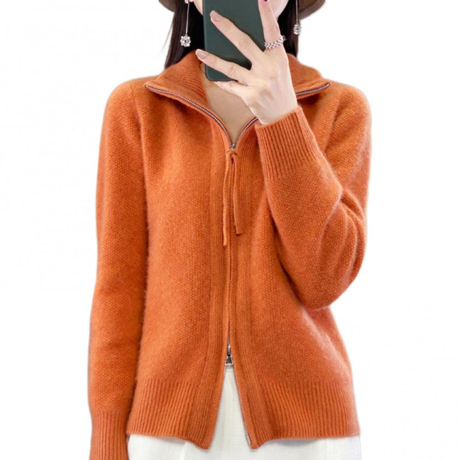 Women Knitted Sweater Coat High Collar Long Sleeve Double Zipper Placket Autumn Winter Solid Color Knitwear