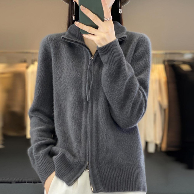 Women Knitted Sweater Coat High Collar Long Sleeve Double Zipper Placket Autumn Winter Solid Color Knitwear