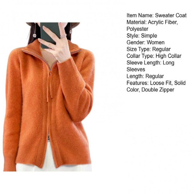 Women Knitted Sweater Coat High Collar Long Sleeve Double Zipper Placket Autumn Winter Solid Color Knitwear