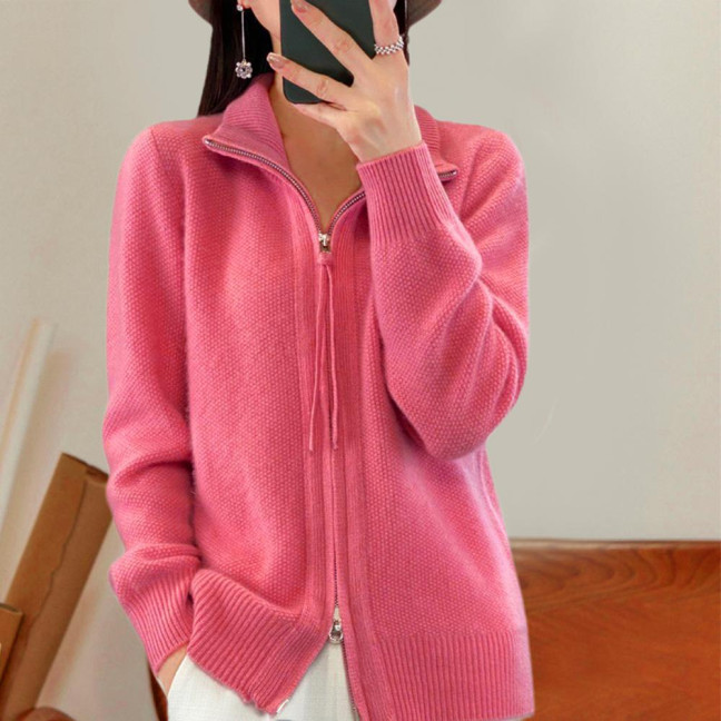 Women Knitted Sweater Coat High Collar Long Sleeve Double Zipper Placket Autumn Winter Solid Color Knitwear