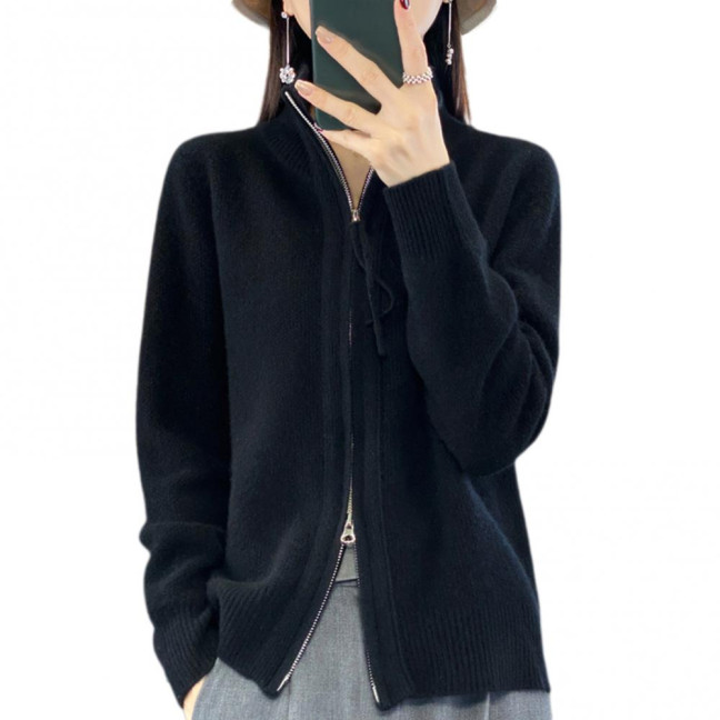 Women Knitted Sweater Coat High Collar Long Sleeve Double Zipper Placket Autumn Winter Solid Color Knitwear