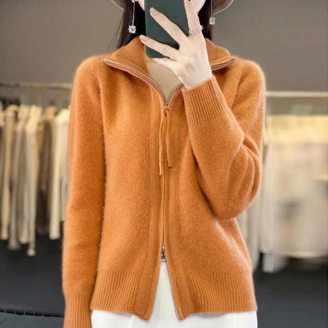 Women Knitted Sweater Coat High Collar Long Sleeve Double Zipper Placket Autumn Winter Solid Color Knitwear
