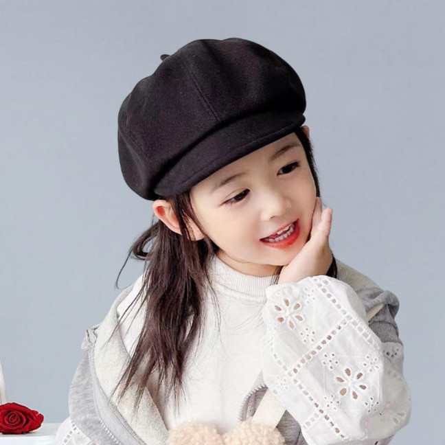 Children Beret Short Brim Vintage Solid Color Newsboy Cap Warm Autumn Winter Cap Girls Octagonal Cap Daily Outdoor Activities Headwear 