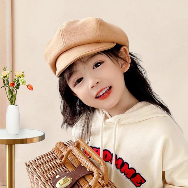 Children Beret Short Brim Vintage Solid Color Newsboy Cap Warm Autumn Winter Cap Girls Octagonal Cap Daily Outdoor Activities Headwear 