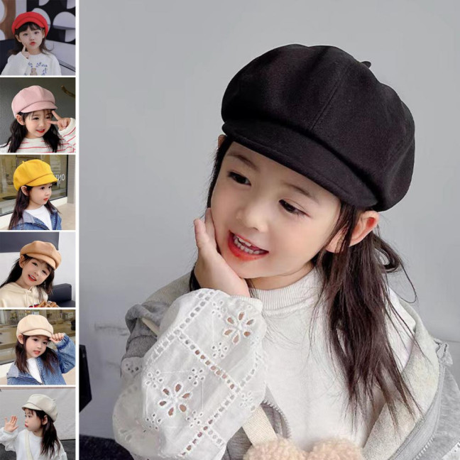 Children Beret Short Brim Vintage Solid Color Newsboy Cap Warm Autumn Winter Cap Girls Octagonal Cap Daily Outdoor Activities Headwear 