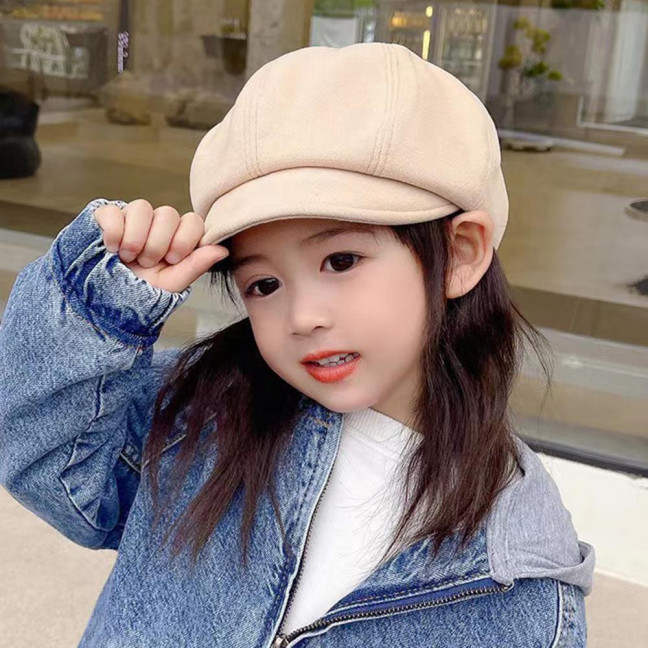 Children Beret Short Brim Vintage Solid Color Newsboy Cap Warm Autumn Winter Cap Girls Octagonal Cap Daily Outdoor Activities Headwear 