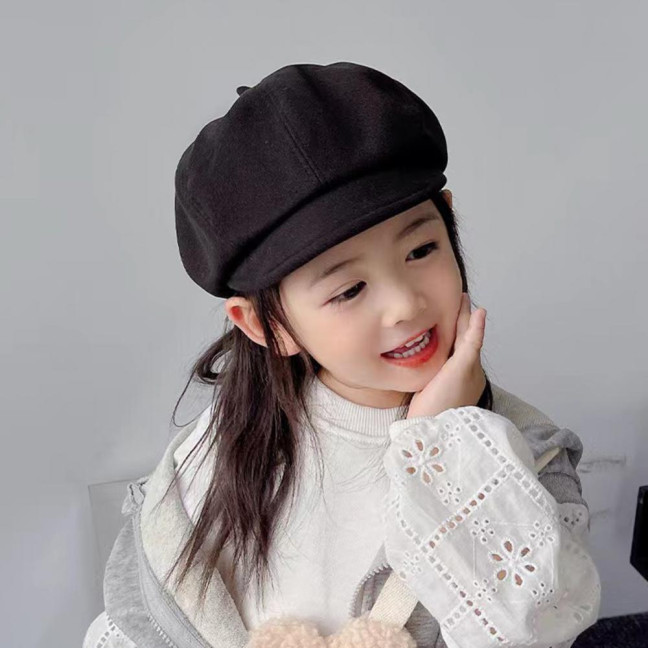Children Beret Short Brim Vintage Solid Color Newsboy Cap Warm Autumn Winter Cap Girls Octagonal Cap Daily Outdoor Activities Headwear 