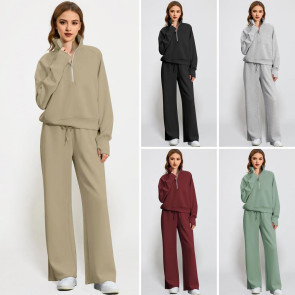 2 Pcs/Set Women Top Pants Set Half Zipper Turn-down Collar Long Sleeves Sweatshirt Elastic Waist Wide Leg Sweatpants Sport Outfit Autumn Casual Tracksuit