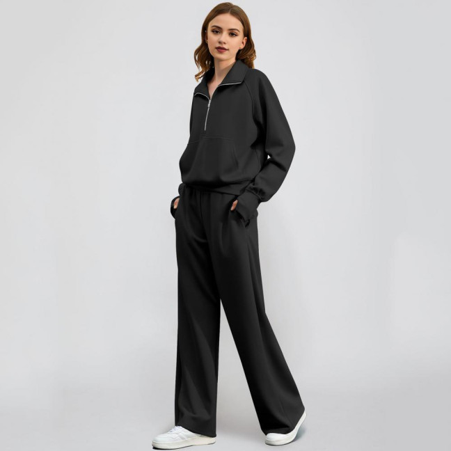 2 Pcs/Set Women Top Pants Set Half Zipper Turn-down Collar Long Sleeves Sweatshirt Elastic Waist Wide Leg Sweatpants Sport Outfit Autumn Casual Tracksuit