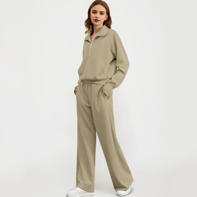 2 Pcs/Set Women Top Pants Set Half Zipper Turn-down Collar Long Sleeves Sweatshirt Elastic Waist Wide Leg Sweatpants Sport Outfit Autumn Casual Tracksuit