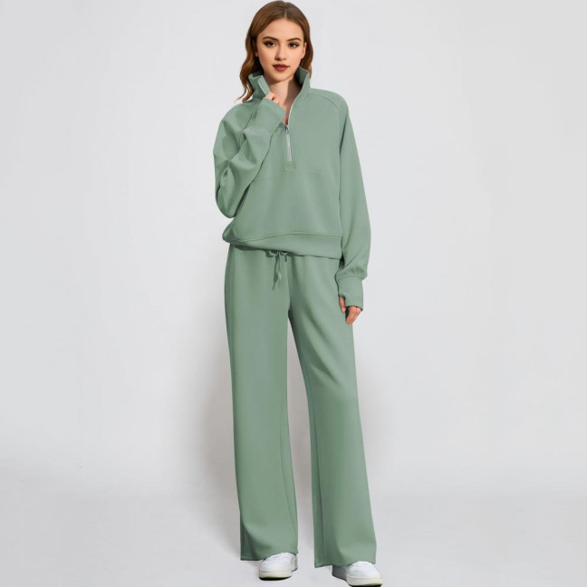 2 Pcs/Set Women Top Pants Set Half Zipper Turn-down Collar Long Sleeves Sweatshirt Elastic Waist Wide Leg Sweatpants Sport Outfit Autumn Casual Tracksuit