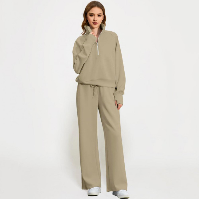 2 Pcs/Set Women Top Pants Set Half Zipper Turn-down Collar Long Sleeves Sweatshirt Elastic Waist Wide Leg Sweatpants Sport Outfit Autumn Casual Tracksuit