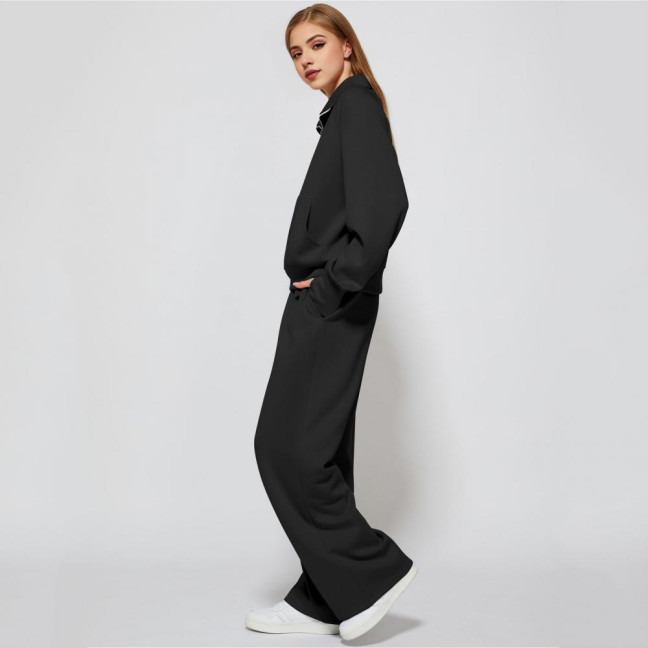 2 Pcs/Set Women Top Pants Set Half Zipper Turn-down Collar Long Sleeves Sweatshirt Elastic Waist Wide Leg Sweatpants Sport Outfit Autumn Casual Tracksuit