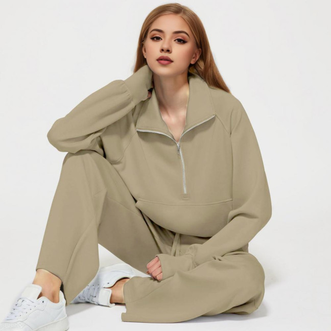 2 Pcs/Set Women Top Pants Set Half Zipper Turn-down Collar Long Sleeves Sweatshirt Elastic Waist Wide Leg Sweatpants Sport Outfit Autumn Casual Tracksuit
