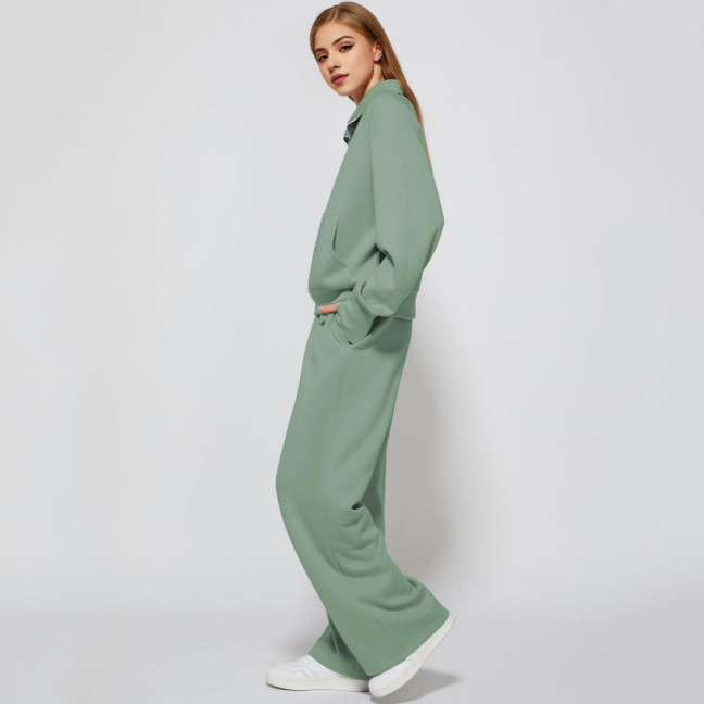 2 Pcs/Set Women Top Pants Set Half Zipper Turn-down Collar Long Sleeves Sweatshirt Elastic Waist Wide Leg Sweatpants Sport Outfit Autumn Casual Tracksuit