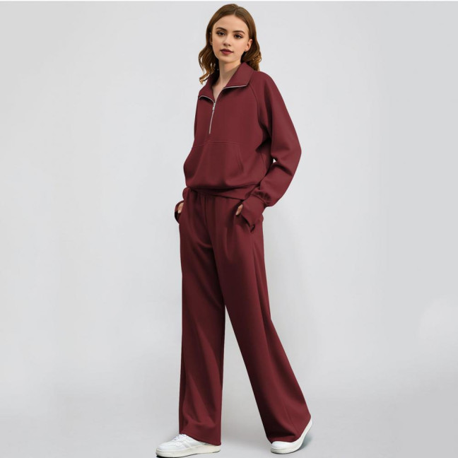 2 Pcs/Set Women Top Pants Set Half Zipper Turn-down Collar Long Sleeves Sweatshirt Elastic Waist Wide Leg Sweatpants Sport Outfit Autumn Casual Tracksuit