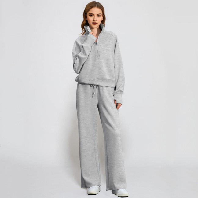 2 Pcs/Set Women Top Pants Set Half Zipper Turn-down Collar Long Sleeves Sweatshirt Elastic Waist Wide Leg Sweatpants Sport Outfit Autumn Casual Tracksuit
