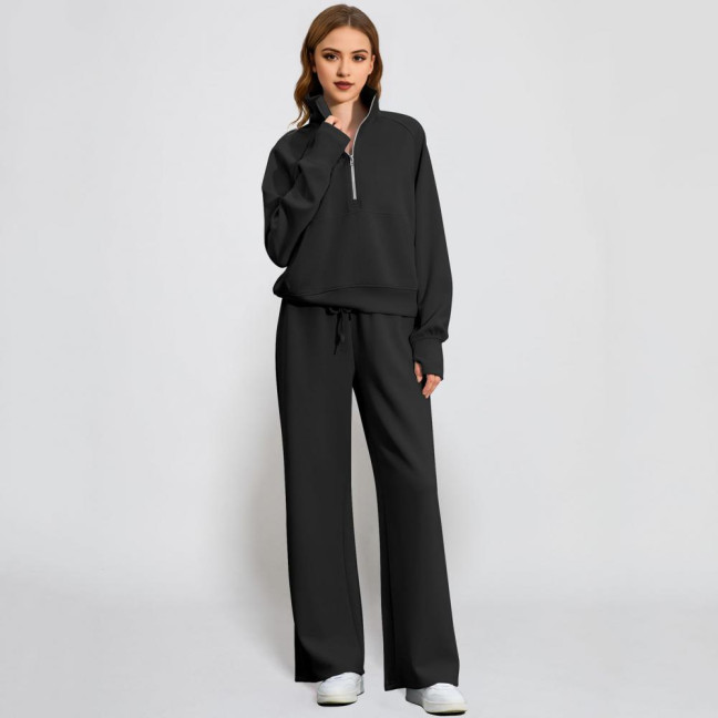 2 Pcs/Set Women Top Pants Set Half Zipper Turn-down Collar Long Sleeves Sweatshirt Elastic Waist Wide Leg Sweatpants Sport Outfit Autumn Casual Tracksuit