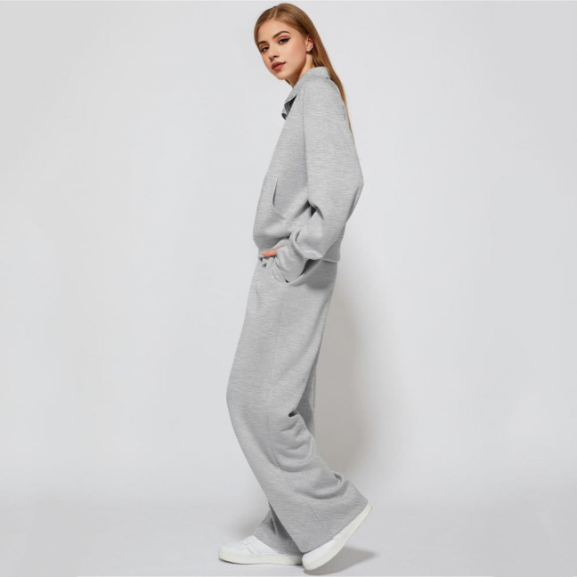 2 Pcs/Set Women Top Pants Set Half Zipper Turn-down Collar Long Sleeves Sweatshirt Elastic Waist Wide Leg Sweatpants Sport Outfit Autumn Casual Tracksuit
