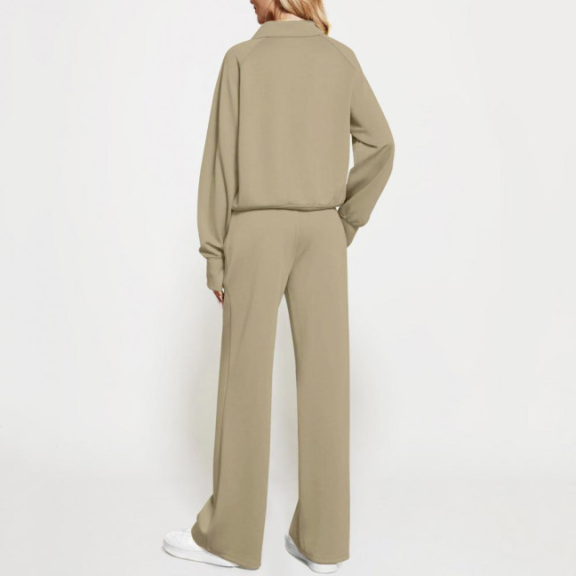 2 Pcs/Set Women Top Pants Set Half Zipper Turn-down Collar Long Sleeves Sweatshirt Elastic Waist Wide Leg Sweatpants Sport Outfit Autumn Casual Tracksuit