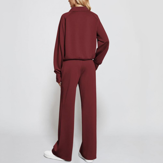 2 Pcs/Set Women Top Pants Set Half Zipper Turn-down Collar Long Sleeves Sweatshirt Elastic Waist Wide Leg Sweatpants Sport Outfit Autumn Casual Tracksuit