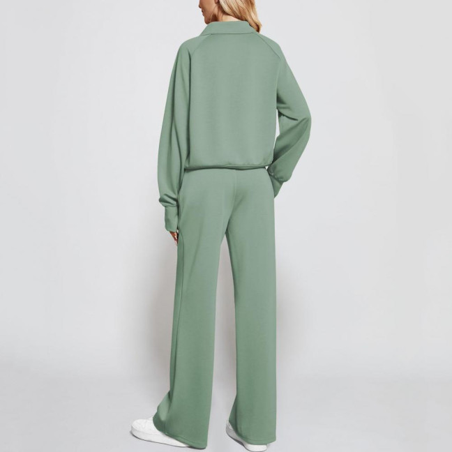 2 Pcs/Set Women Top Pants Set Half Zipper Turn-down Collar Long Sleeves Sweatshirt Elastic Waist Wide Leg Sweatpants Sport Outfit Autumn Casual Tracksuit