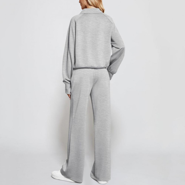 2 Pcs/Set Women Top Pants Set Half Zipper Turn-down Collar Long Sleeves Sweatshirt Elastic Waist Wide Leg Sweatpants Sport Outfit Autumn Casual Tracksuit