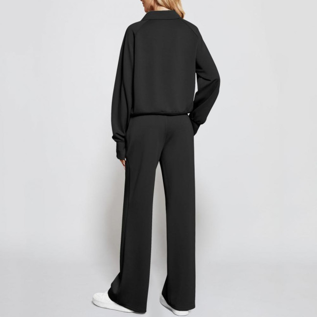 2 Pcs/Set Women Top Pants Set Half Zipper Turn-down Collar Long Sleeves Sweatshirt Elastic Waist Wide Leg Sweatpants Sport Outfit Autumn Casual Tracksuit