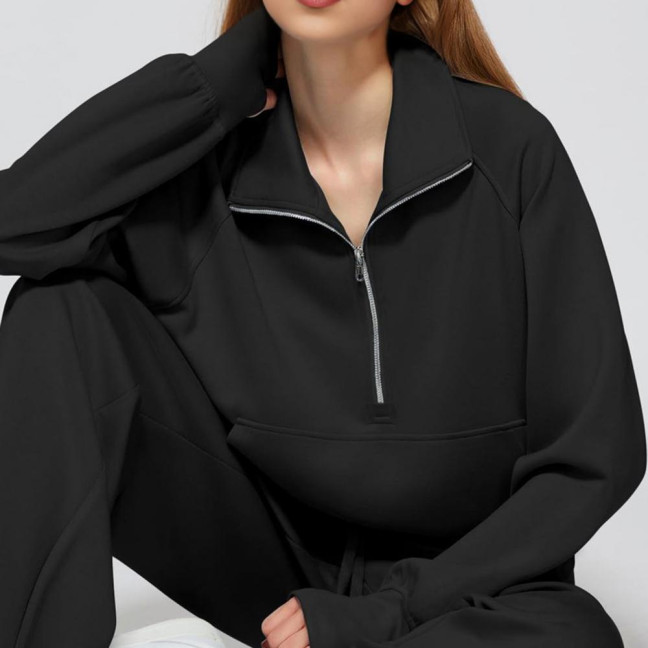 2 Pcs/Set Women Top Pants Set Half Zipper Turn-down Collar Long Sleeves Sweatshirt Elastic Waist Wide Leg Sweatpants Sport Outfit Autumn Casual Tracksuit