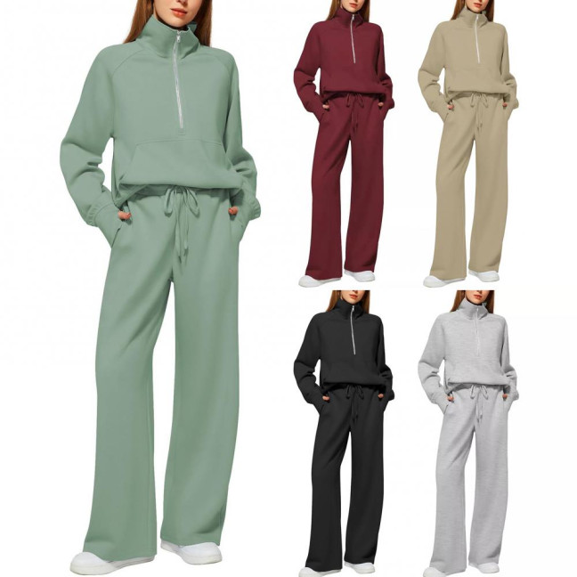 2 Pcs/Set Women Top Pants Set Half Zipper Turn-down Collar Long Sleeves Sweatshirt Elastic Waist Wide Leg Sweatpants Sport Outfit Autumn Casual Tracksuit