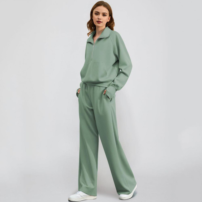 2 Pcs/Set Women Top Pants Set Half Zipper Turn-down Collar Long Sleeves Sweatshirt Elastic Waist Wide Leg Sweatpants Sport Outfit Autumn Casual Tracksuit
