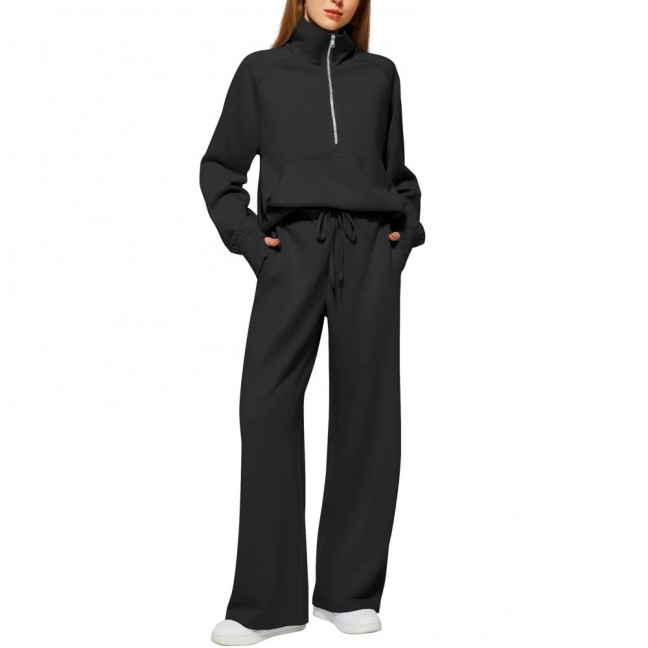 2 Pcs/Set Women Top Pants Set Half Zipper Turn-down Collar Long Sleeves Sweatshirt Elastic Waist Wide Leg Sweatpants Sport Outfit Autumn Casual Tracksuit