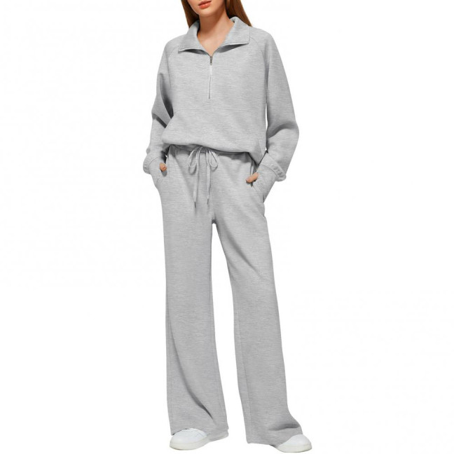 2 Pcs/Set Women Top Pants Set Half Zipper Turn-down Collar Long Sleeves Sweatshirt Elastic Waist Wide Leg Sweatpants Sport Outfit Autumn Casual Tracksuit