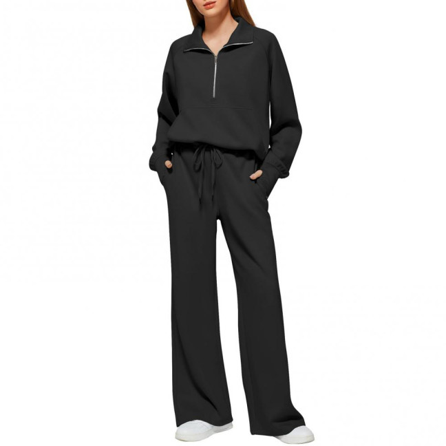 2 Pcs/Set Women Top Pants Set Half Zipper Turn-down Collar Long Sleeves Sweatshirt Elastic Waist Wide Leg Sweatpants Sport Outfit Autumn Casual Tracksuit