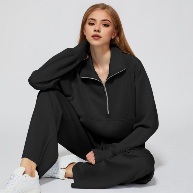 2 Pcs/Set Women Top Pants Set Half Zipper Turn-down Collar Long Sleeves Sweatshirt Elastic Waist Wide Leg Sweatpants Sport Outfit Autumn Casual Tracksuit