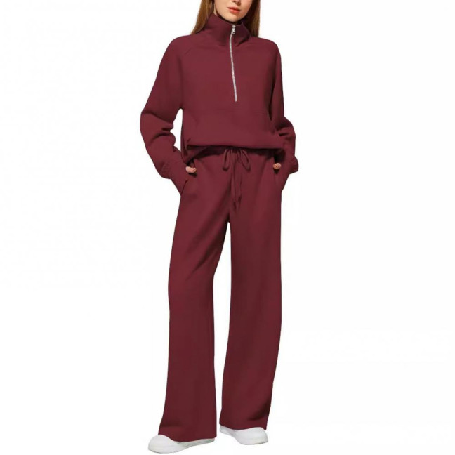 2 Pcs/Set Women Top Pants Set Half Zipper Turn-down Collar Long Sleeves Sweatshirt Elastic Waist Wide Leg Sweatpants Sport Outfit Autumn Casual Tracksuit