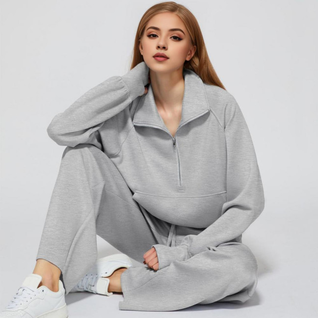 2 Pcs/Set Women Top Pants Set Half Zipper Turn-down Collar Long Sleeves Sweatshirt Elastic Waist Wide Leg Sweatpants Sport Outfit Autumn Casual Tracksuit